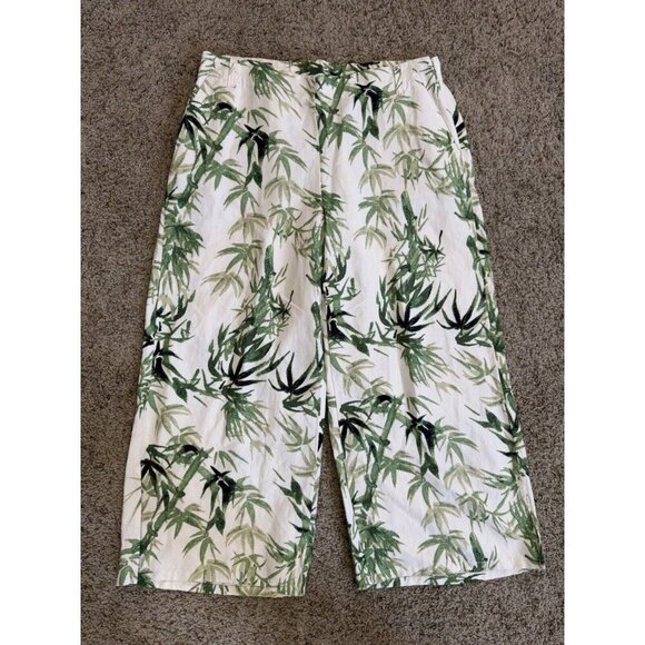 JJILL Pants Green Cream Linen Blend Wide Leg Capri Crop Tropical Vacation MEDIUM - Picture 1 of 11